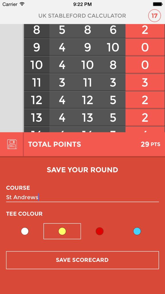 UK Stableford Calculator - Saving a golf scorecard in the UK Stableford Calculator app for a round at St Andrews
