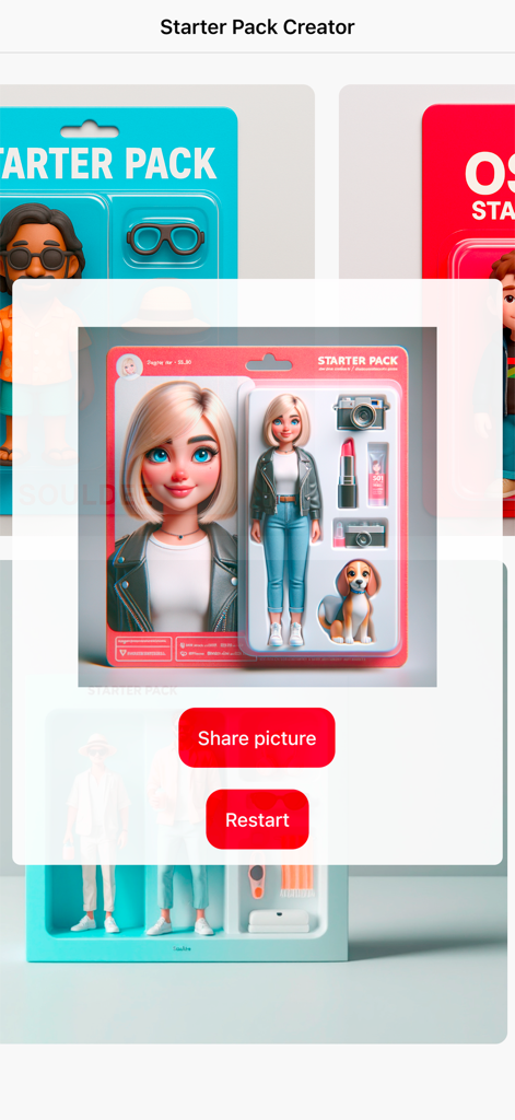 Interface of the Starter Pack AI Creator app displaying a generated toy-style meme with options to share or restart.