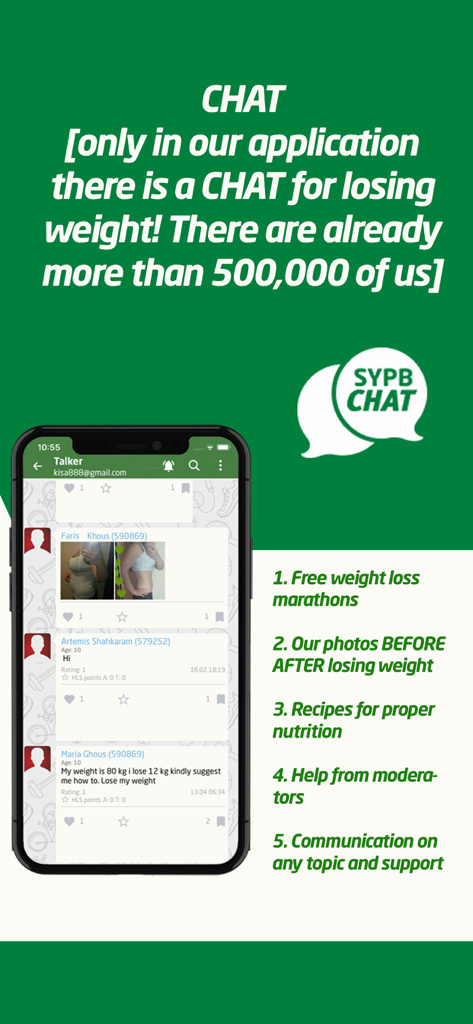 Calorie Counter - SYPB 30 - Pantalla de la aplicación SYPB 30 que muestra el chat de la comunidad de pérdida de peso con fotos de progreso y lista de características