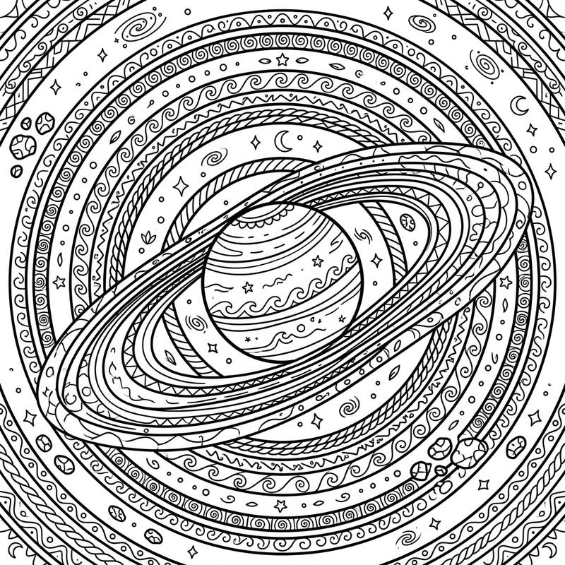 Embark on an interstellar coloring adventure with this mesmerizing Planetary Ring Patterns template. Featuring a stunning planet encircled by elaborate cosmic designs, it's perfect for anyone who loves space and intricate art.