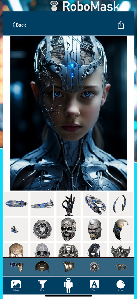 RoboMask : Ai CyberFace Camera - Una foto de una chica con mejoras faciales robóticas futuristas usando la interfaz del editor de la aplicación RoboMask AI Camera con selección de stickers