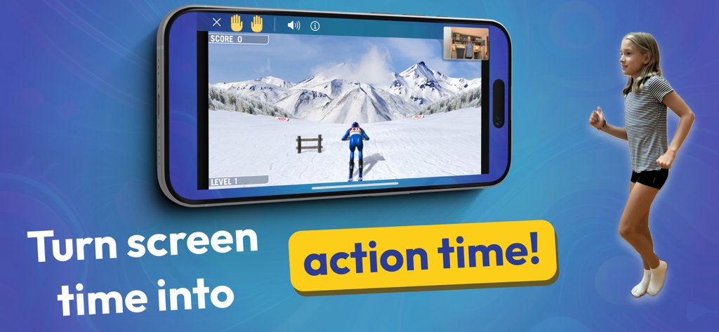 MovePlay Active Games for Kids - A child running in place while playing a motion controlled skiing game on an iPhone with the MovePlay app