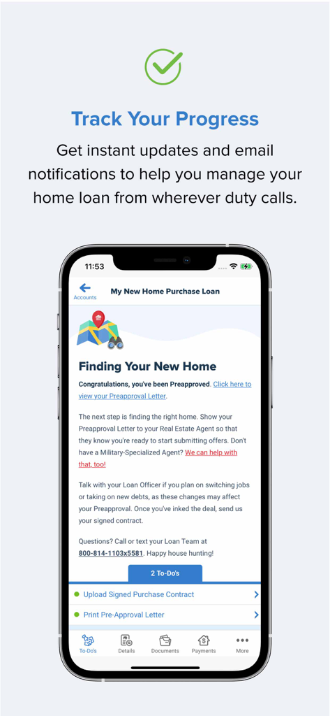 MyVeteransUnited - MyVeteransUnited mobile app screen displaying a to-do list for tracking home loan progress and preapproval status
