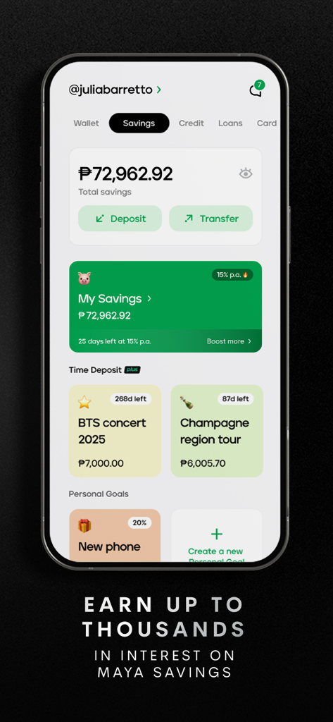 Maya – savings, loans, cards - Tableau de bord d'épargne de l'application Maya affichant les objectifs personnels et les taux d'intérêt élevés