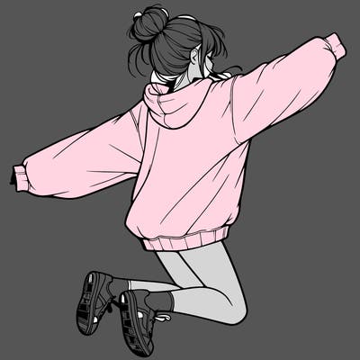 realistic girl jumping with a bun and oversized sweatshirt