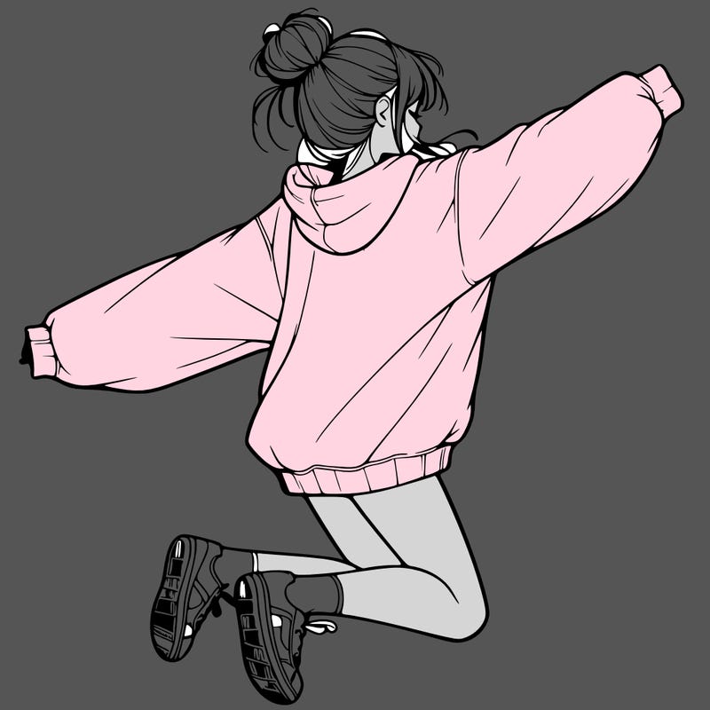 realistic girl jumping with a bun and oversized sweatshirt