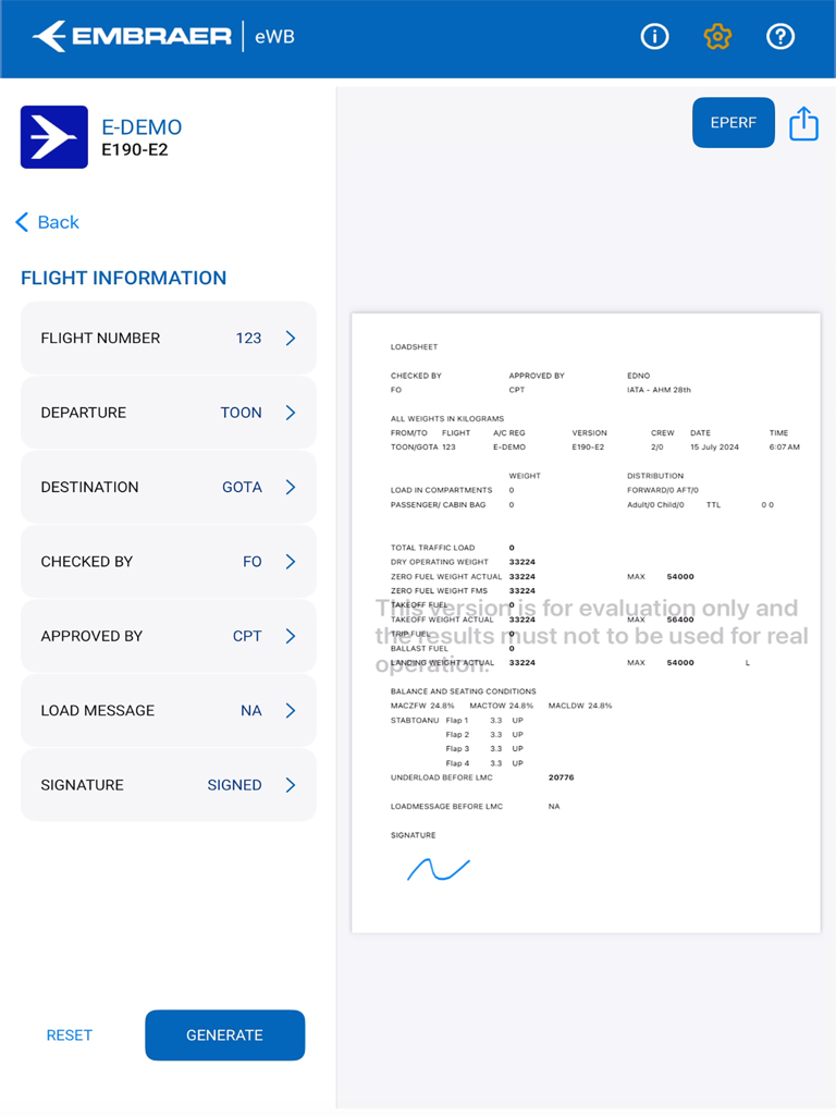 eWB Embraer - eWB Embraer App-Oberfläche mit einer digitalen Flugzeugbeladungsliste und Fluginformationen