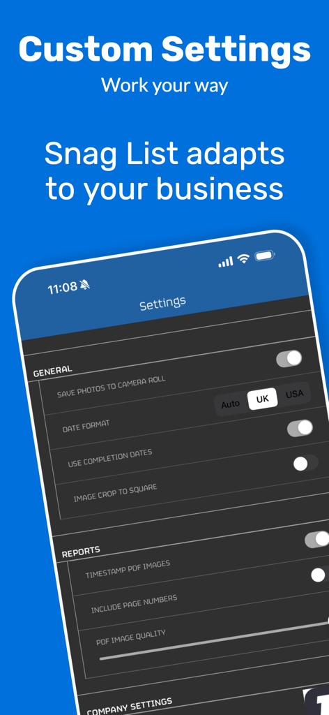 Custom settings menu in the Snag List app for tailoring site audit reports