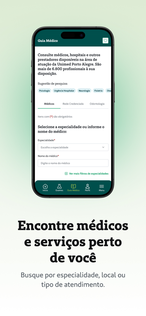 Unimed POA - Unimed POA app interface showing the medical guide search screen for finding doctors and specialties