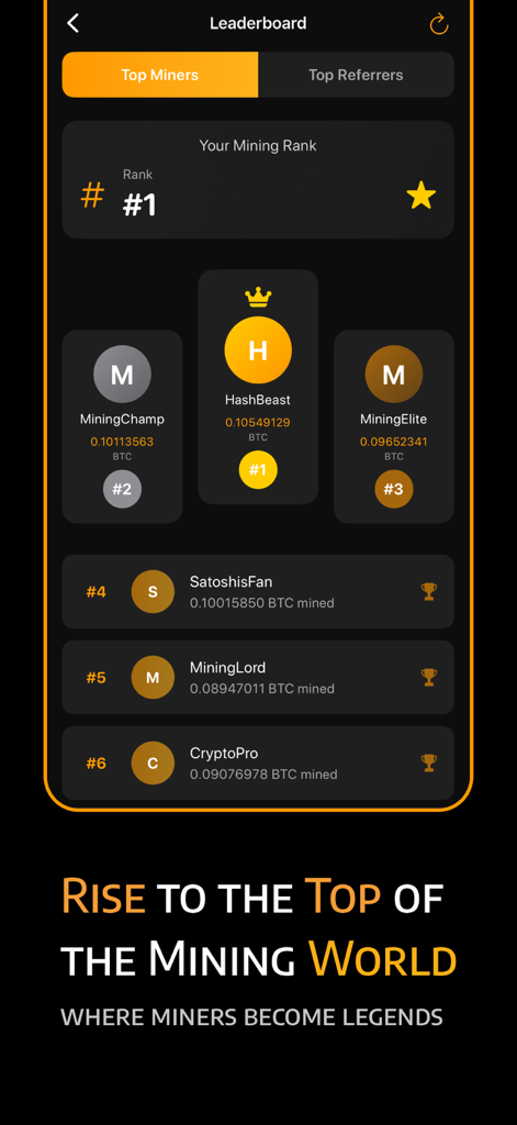 Leaderboard screen displaying top virtual miners and their rankings in the BTC Miner app.