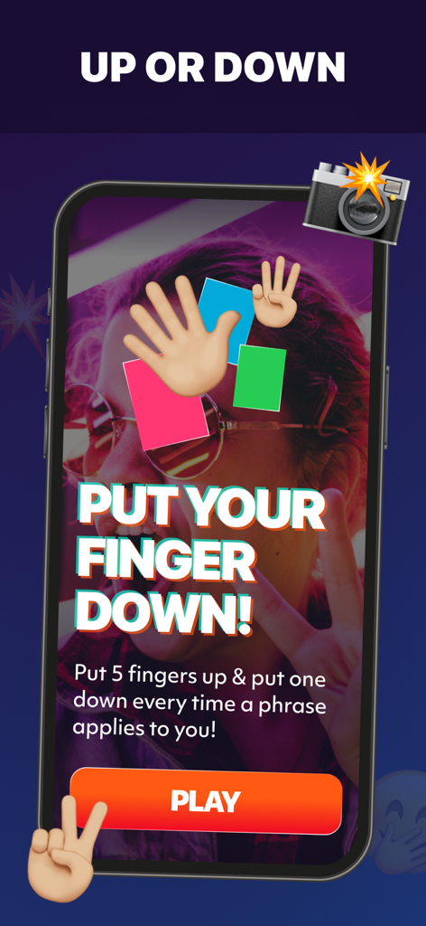 Screenshot of the Put Your Finger Down game mode in the Party Up app with a play button and instructions