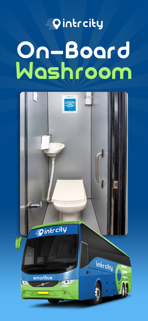 Vista interior de um banheiro limpo a bordo de um IntrCity SmartBus com uma ilustração de ônibus abaixo.