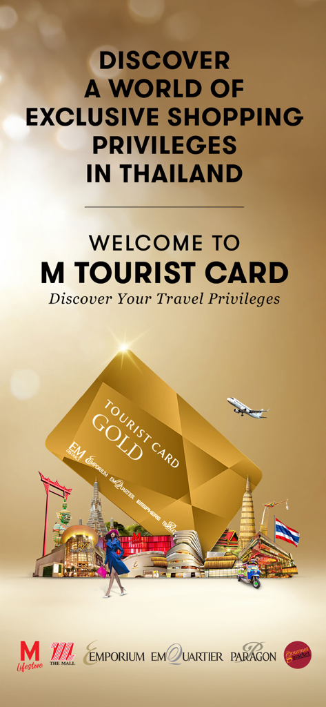 M Tourist Thailand - Promotional screen for M Tourist Thailand showing exclusive shopping privileges and a gold tourist card with Bangkok landmarks