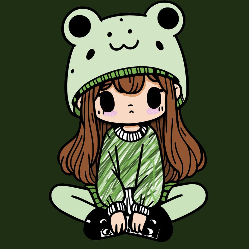a girl wearing a frog hat and some frog socks