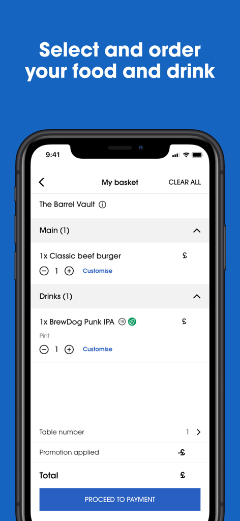 Wetherspoon - Wetherspoon app basket showing a burger and beer order ready for payment
