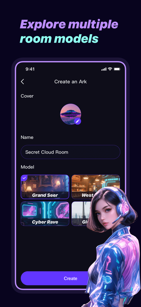 TanStar - Pantalla de la aplicación TanStar para crear una sala de chat con varios modelos temáticos como Cyber Rave y Grand Seer.