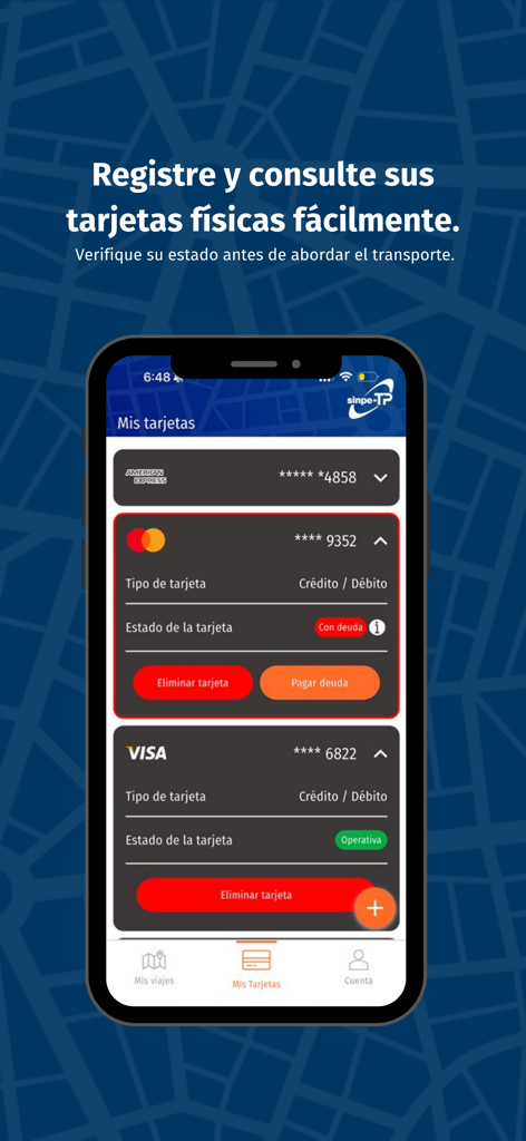 SINPE-TP: Pasajero - SINPE-TP Pasajero app screen showing registered credit and debit cards for Costa Rican public transit