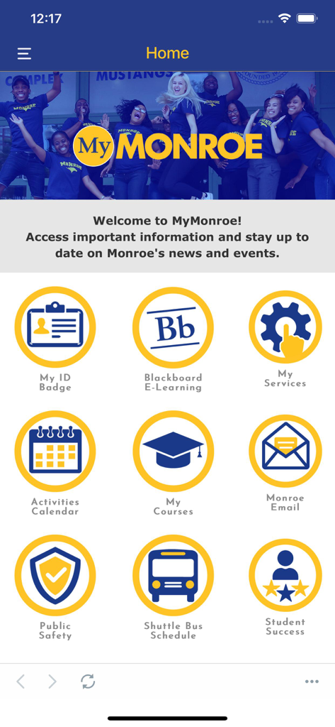 The home screen of the MyMonroe Mobile app displaying campus resource icons such as ID Badge, Blackboard, My Courses, and Shuttle Bus Schedule.