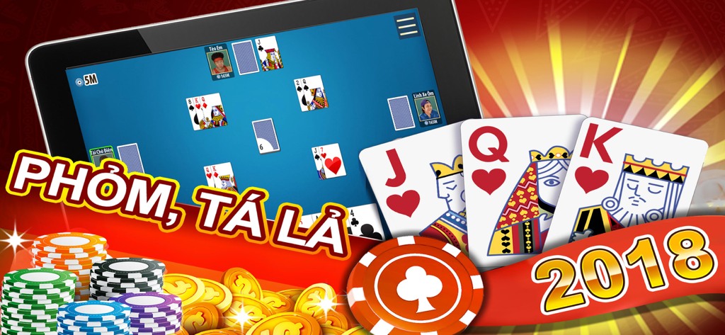 Promotional banner for Phom Ta La card game showing playing cards, poker chips, and a tablet gameplay screen.