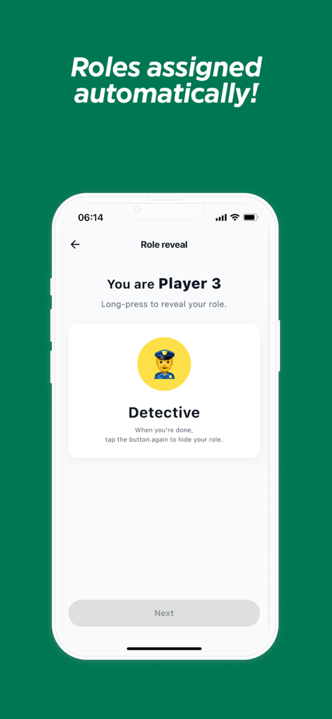 A mobile screen from the Mafia Without Moderator app showing an automatic role assignment for a Detective.