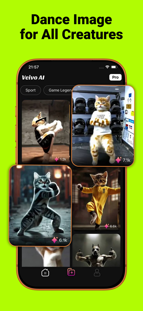 VeivoVerse: AI Video Generator - Una pantalla de aplicación móvil para VeivoVerse mostrando vídeos generados por IA de animales bailando y realizando poses de artes marciales.