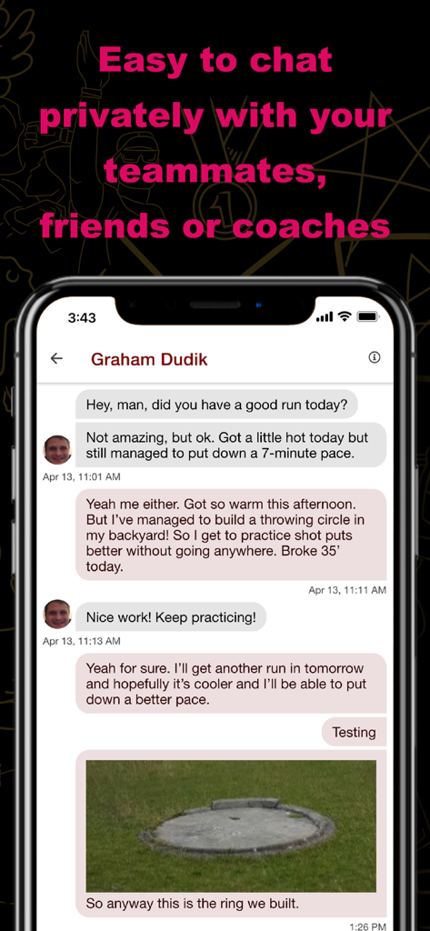 Un écran de téléphone portable affichant la fonction de chat privé d'Athletic.APP pour les athlètes et les entraîneurs.