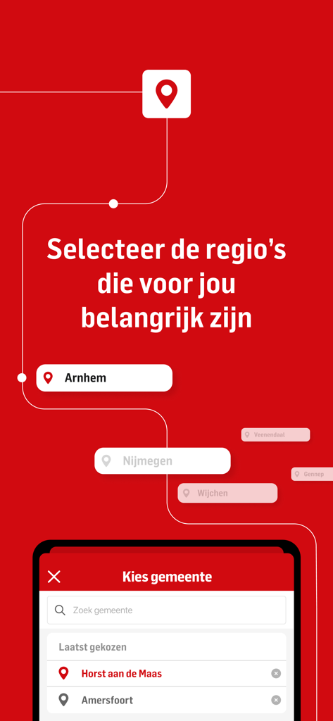 De Gelderlander 앱에서 지역 뉴스 위치를 선택하는 인터페이스.