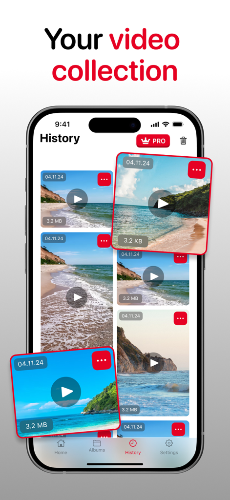 Pinterest Downloader - PinSave - Tela do aplicativo Pinterest Downloader mostrando um histórico de vídeos salvos e uma coleção de pins baixados.