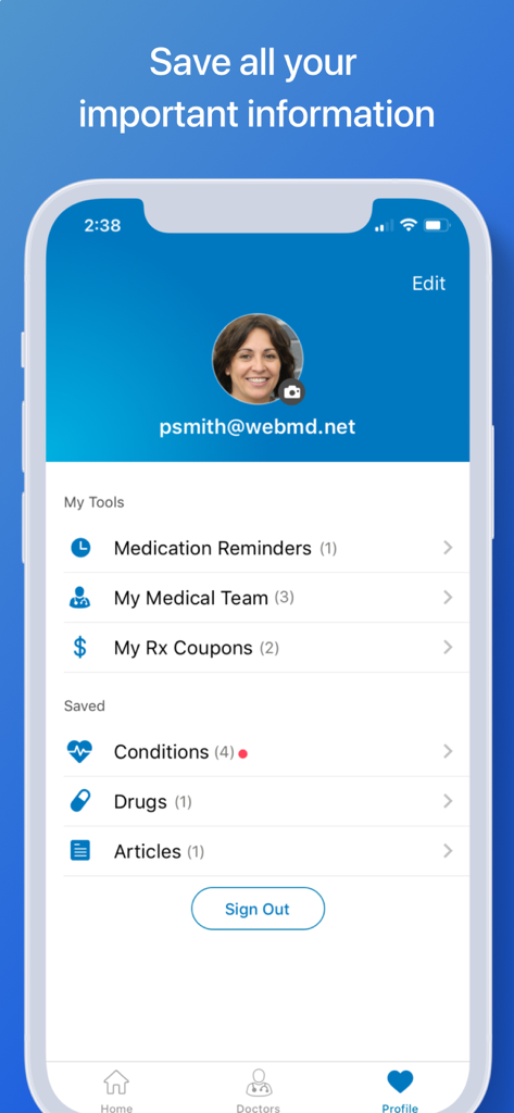 WebMD app profile screen showing saved medical tools and health information