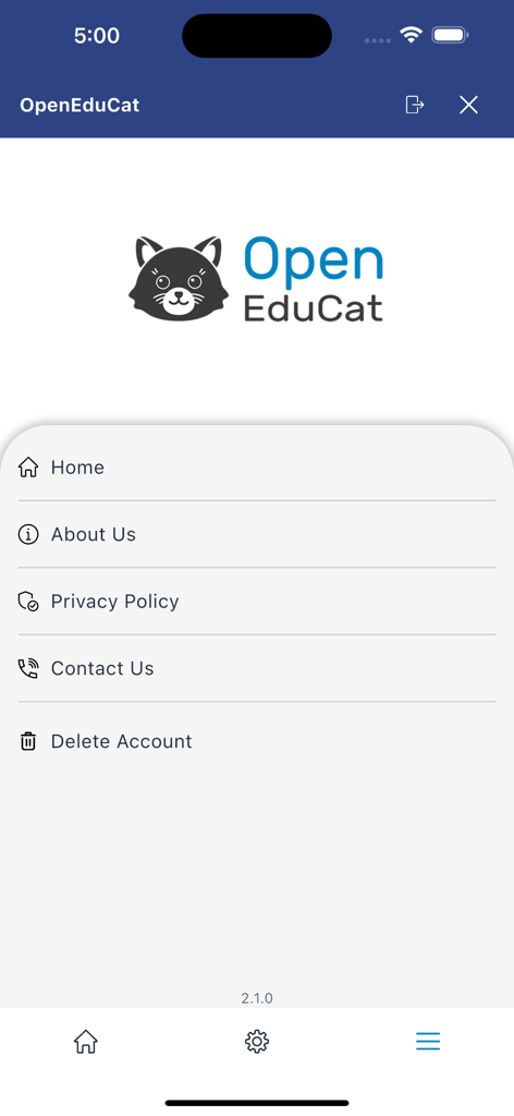 OpenEduCat - Educational ERP - Menú de navegación de la app móvil OpenEduCat con enlaces a inicio, acerca de nosotros y configuración