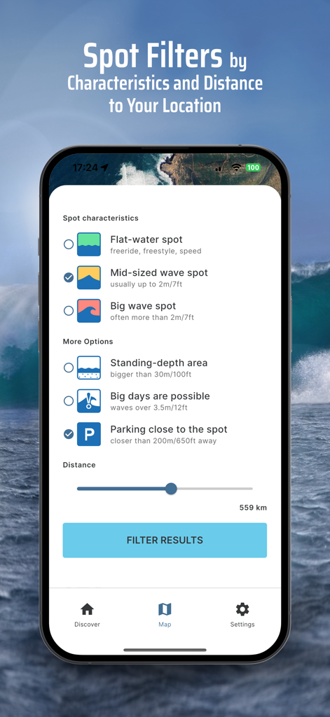 Kite & Windsurfing Guide - Kite and windsurfing app screen showing filters for wave size and spot characteristics