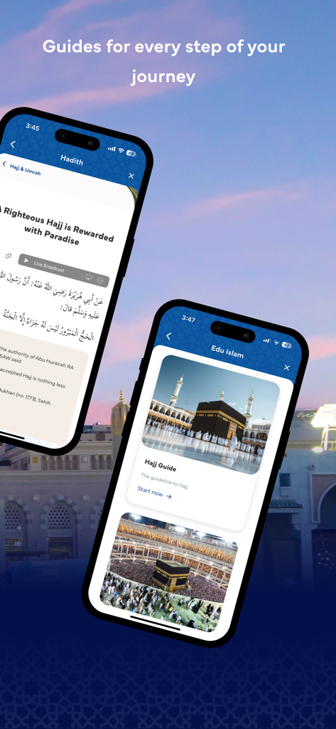 Amal by Malaysia Airlines - Two mobile screens from the Amal app showing a Hajj guide and a Hadith text, part of the Islamic educational features.