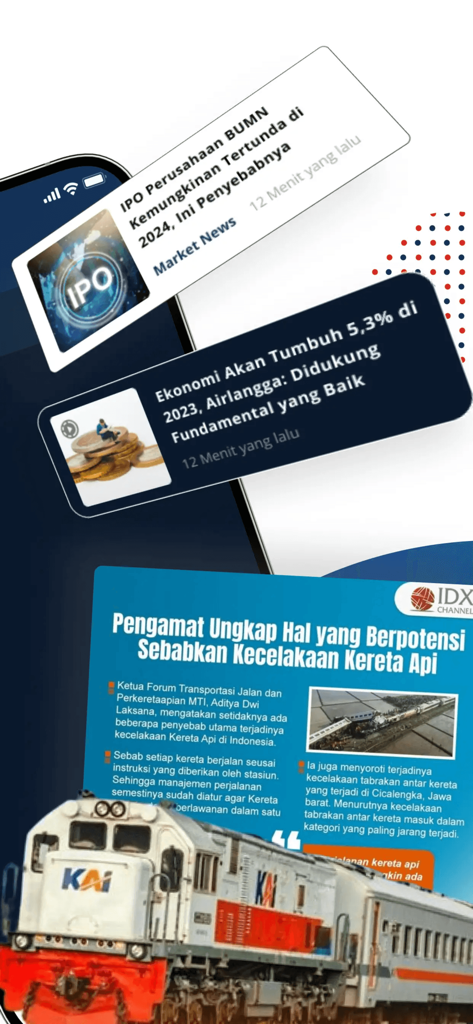 IDX CHANNEL mobile app interface showing Indonesian economic news notifications and market analysis reports