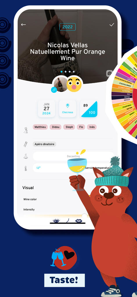 PLOC, you'll be wine - Wine tasting notebook interface in the PLOC app showing review details and a playful mascot holding a wine glass