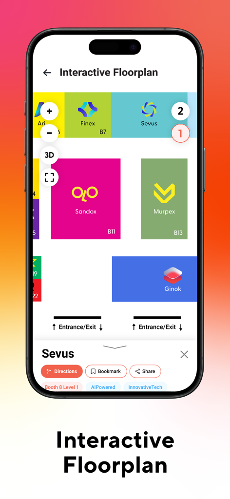 vFairs app interface showing an interactive event floorplan with colorful exhibitor booths and navigation directions for attendees