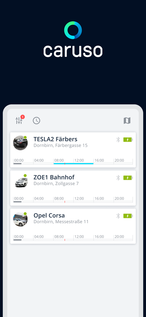caruso carsharing - List of available cars for booking in the Caruso carsharing app interface.
