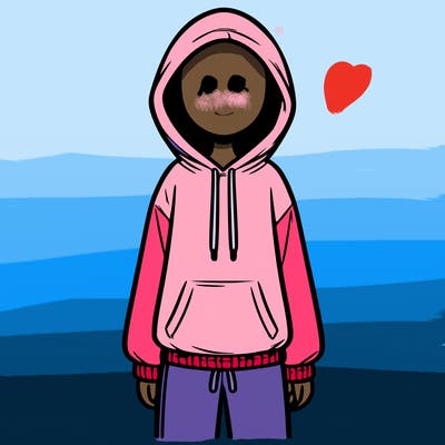 faceless girl in a tracksuit with a hood on and no hair