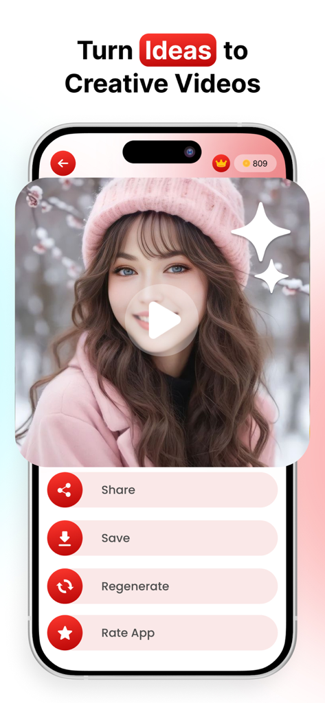 Interfaz de la aplicación Photobooth mostrando un video generado por IA de una mujer en un entorno invernal con opciones para compartir y guardar.