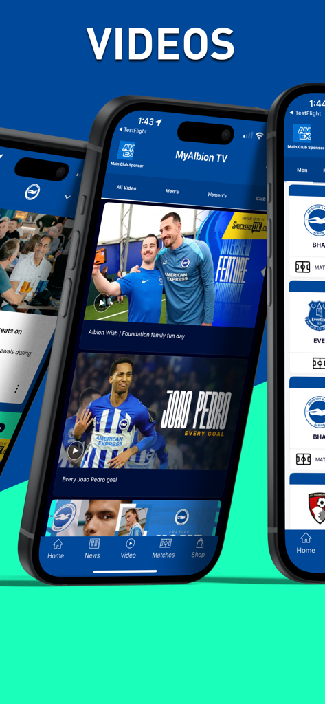 Die BHAFC App MyAlbion TV-Oberfläche mit Video-Highlights und Interviews von Brighton and Hove Albion.