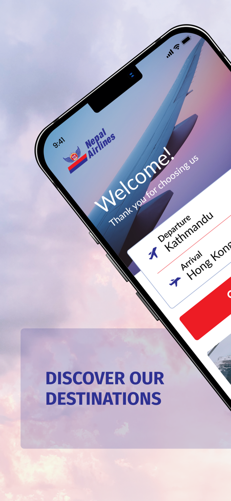 ネパール航空モバイルアプリのウェルカム画面で、ウェルカムメッセージとカトマンズから香港へのフライト予約が表示されています。