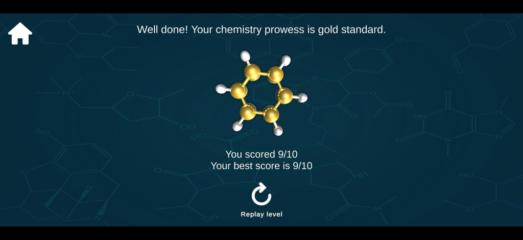 ChemiMeasure app results screen showing a score of 9 out of 10 and a gold molecular model.