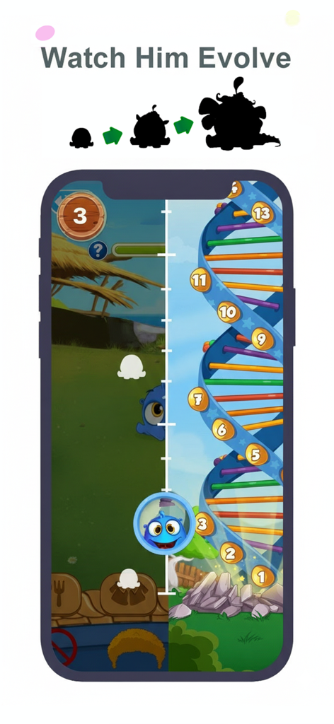 Foodabee: Virtual Pet for Kids - A mobile game screen showing a virtual pet monster evolving through various levels on a colorful DNA helix