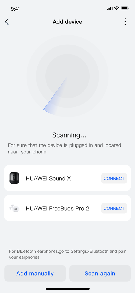 HUAWEI AI Life app screen scanning for smart devices like Huawei Sound X and FreeBuds Pro 2