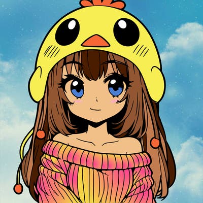 anime girl with chick shaped hat with sweater with bare shoulders with bangs covering them one eye with low tail