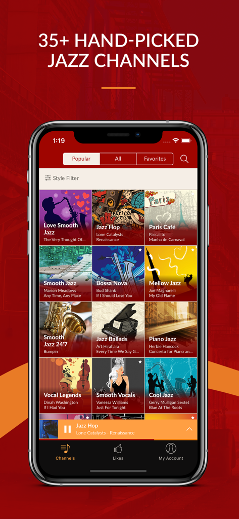 JAZZ RADIO - Enjoy Great Music - Interfaz de la aplicación JAZZ RADIO que muestra una cuadrícula de canales de música jazz seleccionados a mano