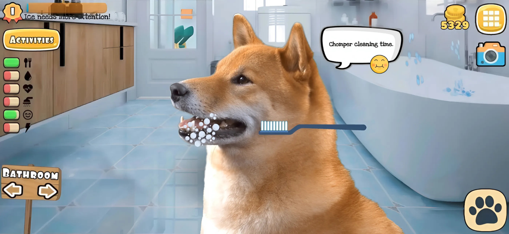 Fruwee: Virtual Pet Dog Games - Um cão Shiba Inu da vida real tendo seus dentes escovados em uma cena de banheiro virtual no aplicativo Fruwee