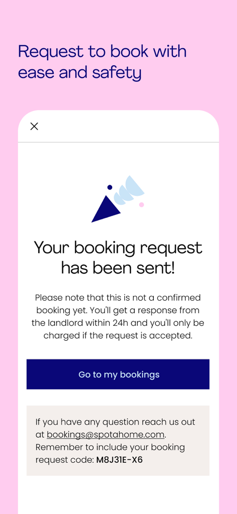 Spotahome: Apartments & rooms - Spotahome app interface confirming a booking request was sent