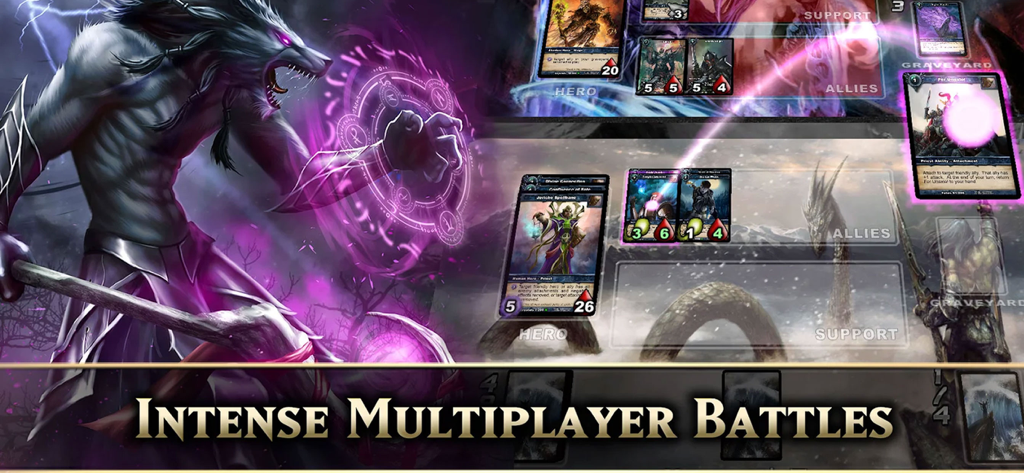 Shadow Era - Trading Card Game - Intense multiplayer trading card battle in Shadow Era featuring a werewolf hero and digital cards.