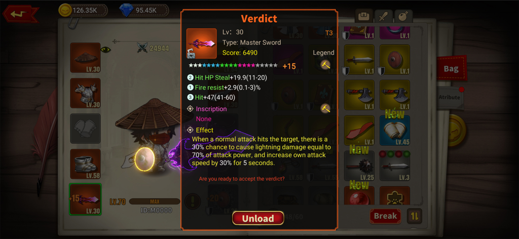 Mushroom Knight - A detailed legendary master sword called Verdict on the character equipment screen in Mushroom Knight