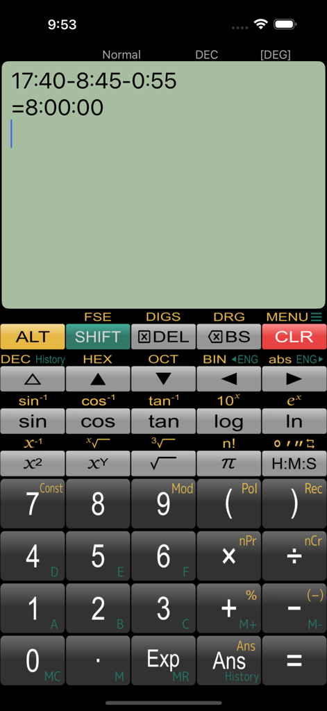Panecal Scientific Calculator app interface showing a formula display and scientific keypad